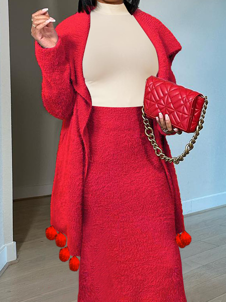 

High Elasticity Shawl Collar Long Sleeve Elegant Loose Mid-long Cardigan, Red, Cardigans