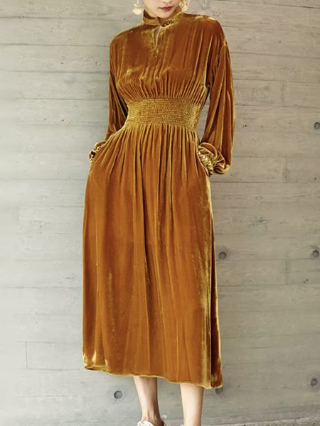 

Long Sleeve Lantern Sleeve Elegant Stand Collar Dress, Yellow, Midi Dresses