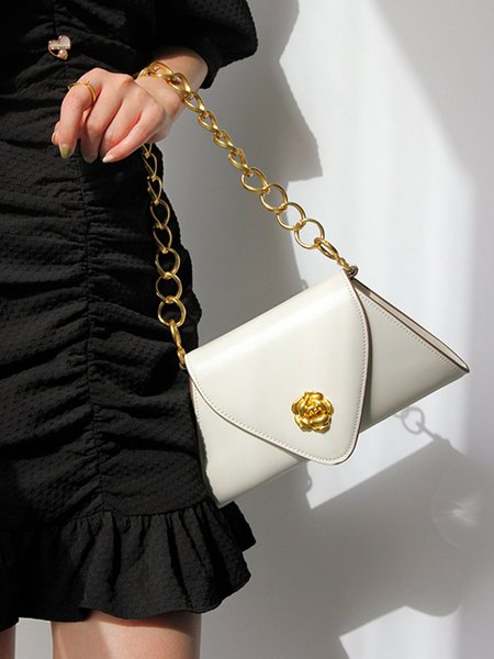 Elegant Metal Camellia Magnetic Chain Strap Shoulder Bag, White, Shoulder Bags
