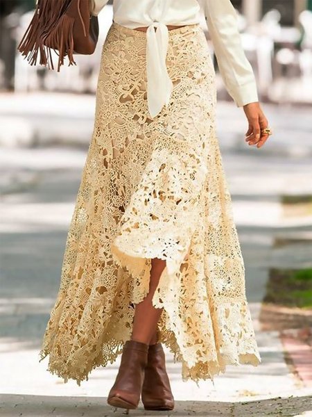 

Boho Lace A-Line Natural Lace Maxi Skirt, Apricot, Skirts