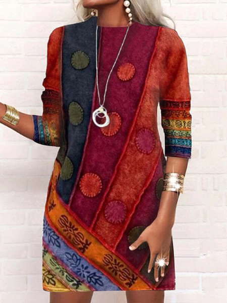 

Women Geometric Crew Neck Long Sleeve Comfy Casual Short Dress, Red, Dresses