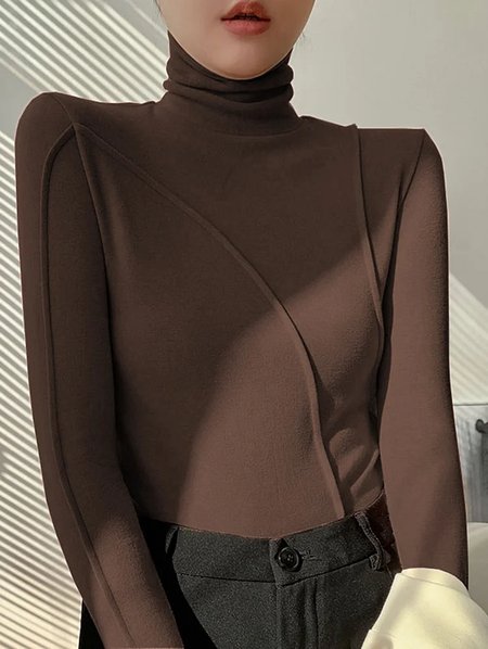 

Women Plain Turtleneck Casual Long Sleeve T-shirt, Coffee, Long Sleeves