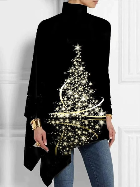 

Turtleneck Long Sleeve Christmas Regular Micro-Elasticity Loose Shirt For Women, Black, Blouses