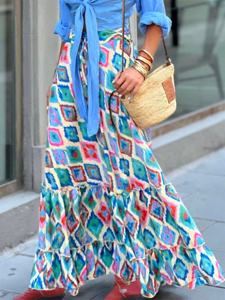 

Boho Ethnic H-Line Natural Maxi Skirt, Blue, Skirts