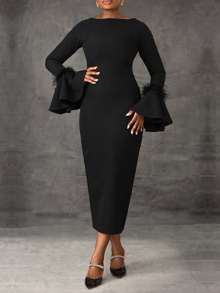 

Elegant Plain Crew Neck Regular Fit Long Sleeve Feather Dress, Black, Maxi Dresses