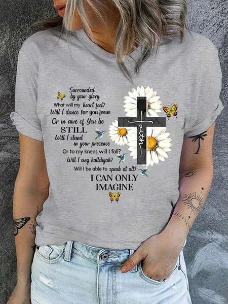 

Women's Cotton Mercyme I Can Only Imagine Daisy Cross Christian Casual T-Shirt, Gray, T-shirts