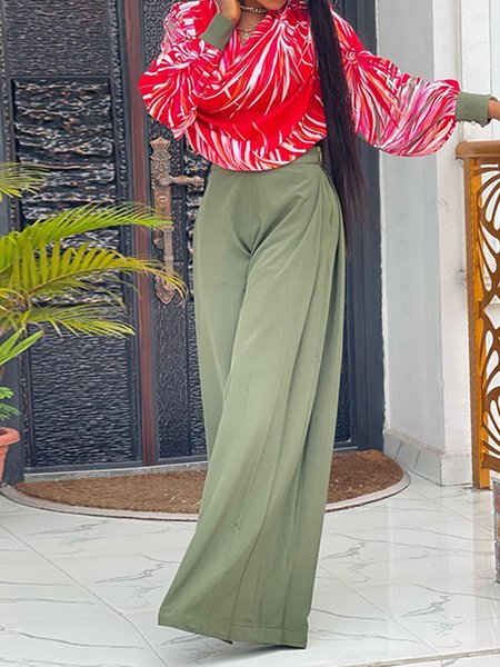 

Lantern Sleeve Shirt+Wide Leg Trousers Set, Red, Suit Set