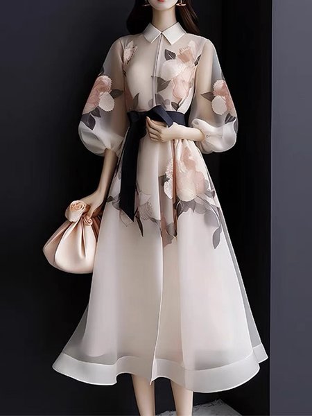 

Elegant Regular Fit Floral Shirt Dress With Belt, Multicolor, Midi Dresses