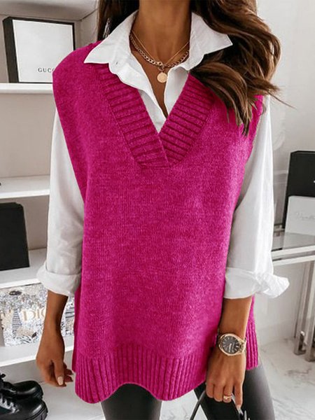 

Plain V Neck Cotton-Blend Casual Sweater, Rose red, Sweaters & Cardigans