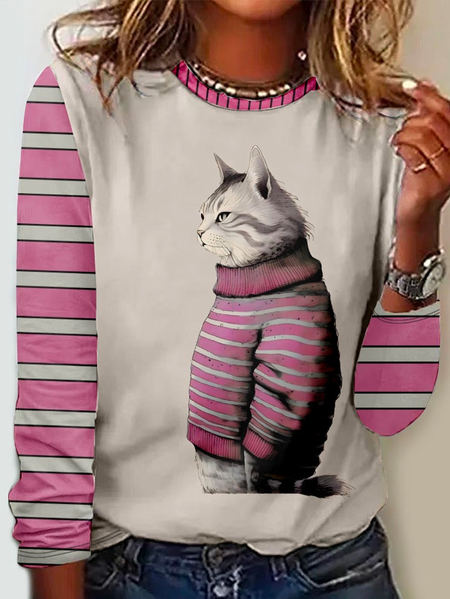 

Striped Cat Casual Crew Neck Long Sleeve Shirt, Pink, Long sleeves
