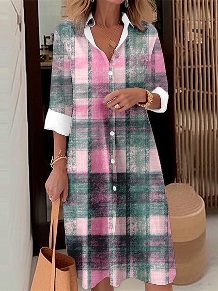 Shirt Collar Plaid Long Sleeve Casual Loose Dress, Pink, Dresses