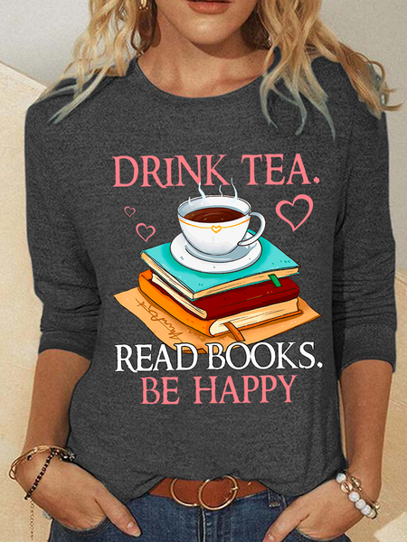 

Drink Tea Read Book Be Happy Cotton-Blend Casual Shirt, Gray, Long sleeves