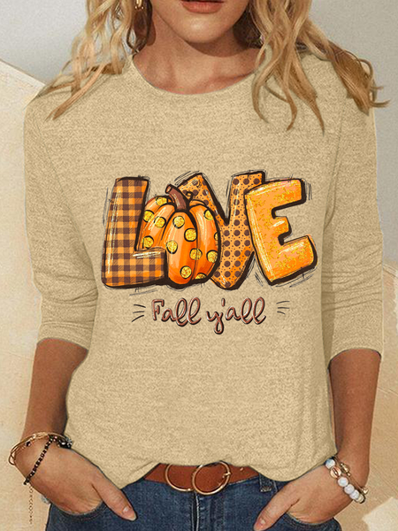 

Love Fall Y'all Crew Neck Cotton-Blend Casual Text Letters Long Sleeve Shirt, Khaki, Long sleeves