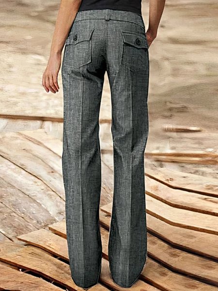 

Buttoned Casual Solid Flap Pocket Button Up Mid Rise Straight Leg Pants, Gray, Pants