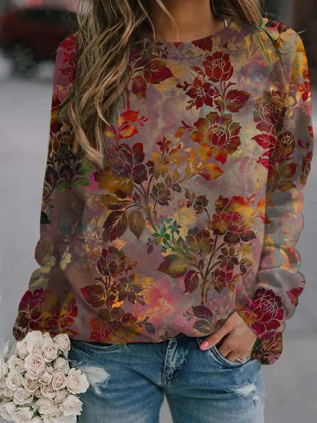 

Loose Crew Neck Casual Floral Sweatshirt, Red, Sweatshirts & Hoodies