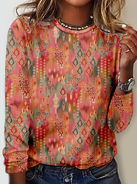 

Color Block Crew Neck Casual Long Sleeve Shirt, As picture, Long sleeves