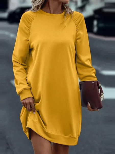 

Women Plain Crew Neck Long Sleeve Comfy Casual Midi Dress, Yellow, Dresses