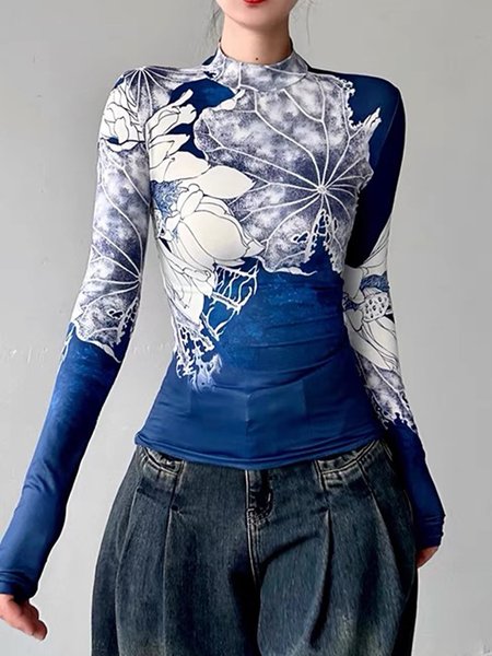 

Stand Collar Urban Floral Long Sleeve T-Shirt, Blue, Tees