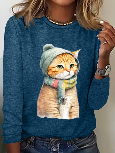 

Crew Neck Long Sleeve Cat Regular Micro-Elasticity Regular Fit Shirt For Women, Blue, Blouses