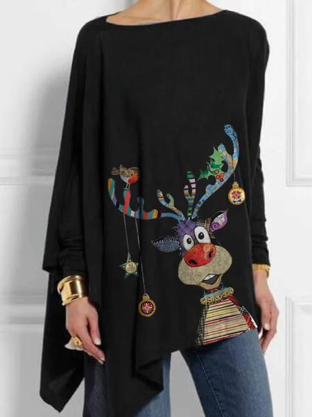 

Crew Neck Long Sleeve Christmas Regular Micro-Elasticity Loose TUNIC Shirt For Women, Black, Blouses