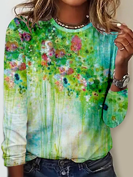

Casual Crew Neck Floral Long Sleeve Shirt, Green, Long sleeves