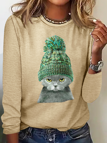 

Women'S Cat Print Casual Long Sleeve Shirt, Khaki, Long sleeves