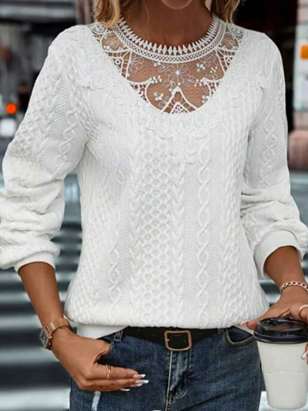 

Casual Crew Neck Plain Sweatshirt Lace, White, Hoodies & Sweatshirts