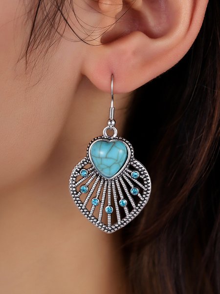 Retro Heart shaped Turquoise Rhinestone Hollow Out Dangle Earrings