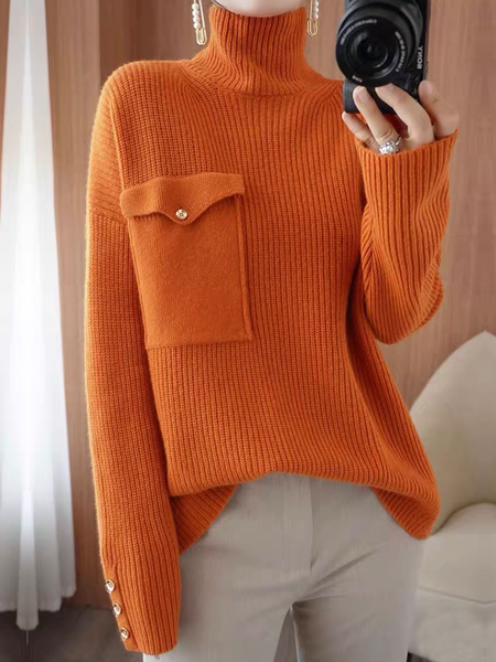 

Loose Medium Elasticity Urban Turtleneck Long Sleeve Sweater, Orange, Pullovers