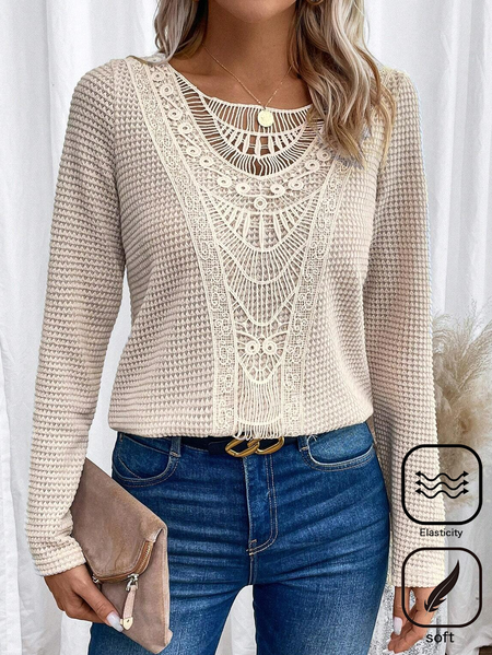 

Women's Lace Shirt Shirt Blouse Plain White Lace Long Sleeve Casual Fashion Round Neck Regular Fit Fall & Winter, Apricot, Long Sleeves