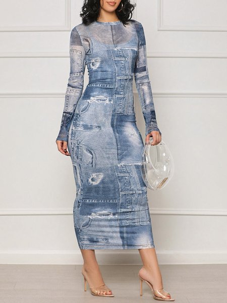 Urban Crew Neck Regular Fit Abstract Print Dress, Blue, Maxi Dresses