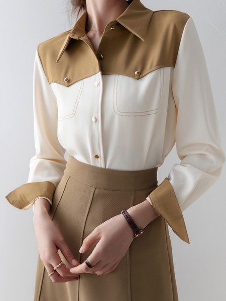 

Urban Color Block Shirt Collar Regular Fit Blouse, Khaki, Blouses and Shirts