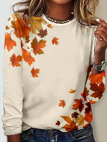 

Crew Neck Loose Casual T-Shirt, Apricot, Long sleeves