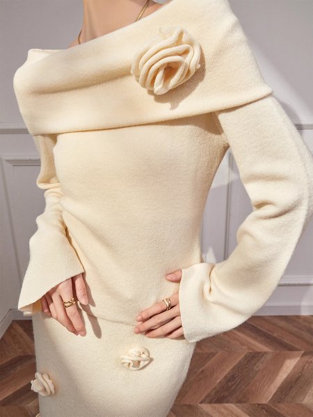 

Cold Shoulder Elegant Plain Long Sleeve Sweater, Cream, Pullovers