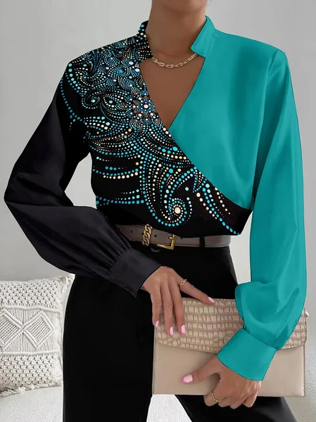 

Loose Stand Collar Casual Abstract Blouse, Green, Shirts & Blouses