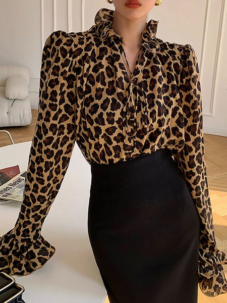 

Elegant Leopard Regular Fit Flouncing Blouse, Blouses and Shirts