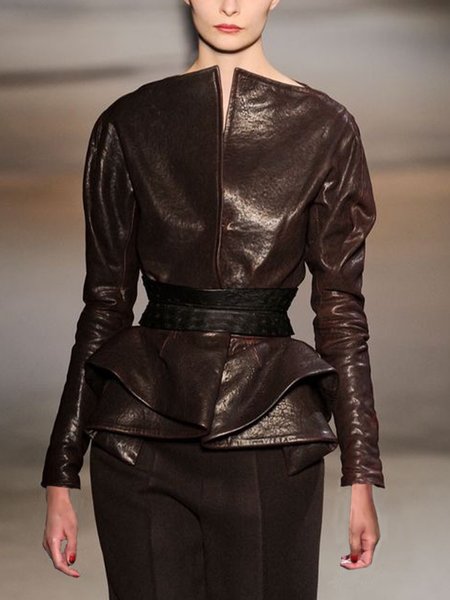 

Urban Faux Leather Top With Belt, Brown, Tops