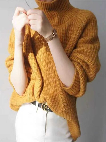 

Plain Turtleneck Casual Sweater, Yellow, Sweaters & Cardigans