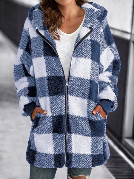 

Women's Fleece Jacket Warm Sherpa Jacket with Pocket Plaid Teddy Coat Turndown Plush Casual Street Outerwear Long Sleeve Fall Winter, Blue, Outerwear