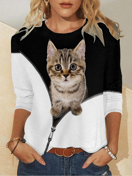 

Funny Cat Casual Crew Neck Animal Long Sleeve Shirt, Black, Long sleeves