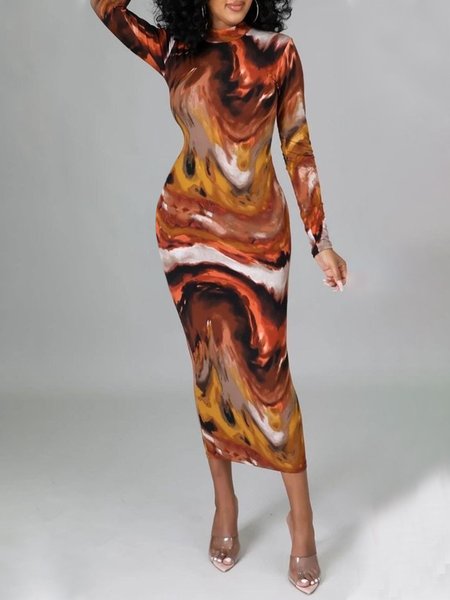 

Urban Abstract Tight Stand Collar Midi Dress, Deep brown, Midi Dresses