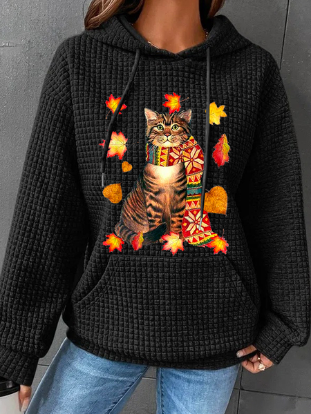 

Women's Fall Cat Print Cotton-Blend Casual Cat Hoodie, Black, Hoodies&Sweatshirts