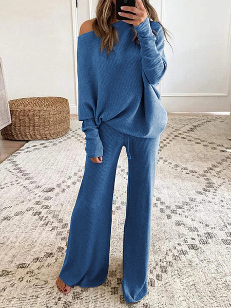 

Plain Yarn/Wool Yarn Casual Loose Two-Piece Set, Blue, Suits