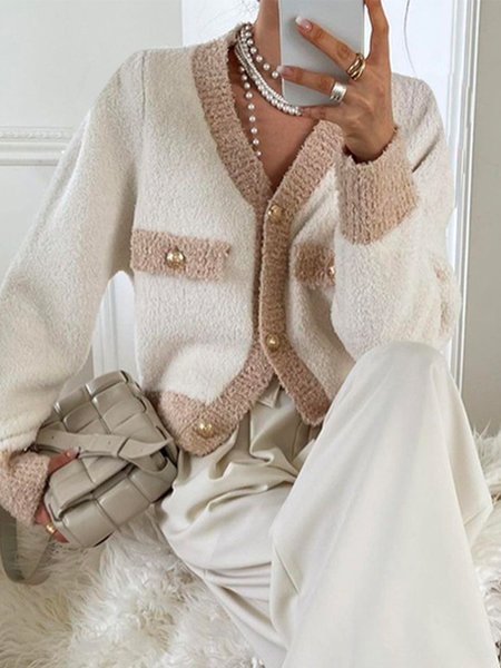 

Long Sleeve Elegant Color Block Cardigan, White, Cardigans
