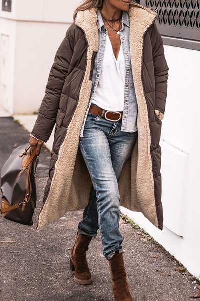 

Fluff/Granular Fleece Fabric Casual Plain Hoodie Padded Jacket, Coffee, Outerwear