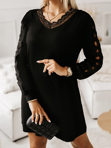 

Women Plain V Neck Long Sleeve Comfy Casual Lace Midi Dress, Black, Dresses