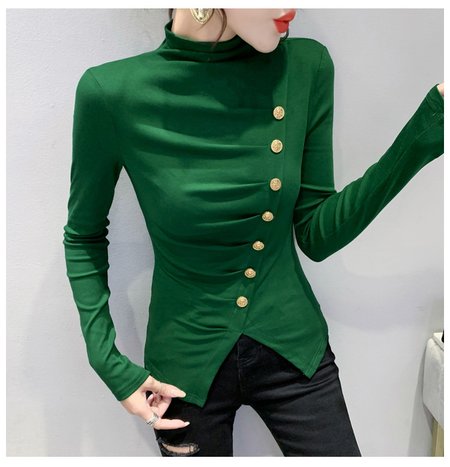 

Crew Neck Long Sleeve Plain Buckle Heavyweight High Elasticity Regular Fit Shirt For Women, Darkgreen, Blouses