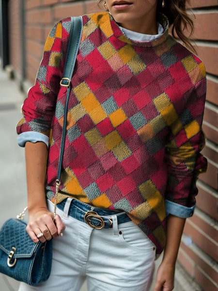 Half Turtleneck Casual Plaid Loose Sweatshirt