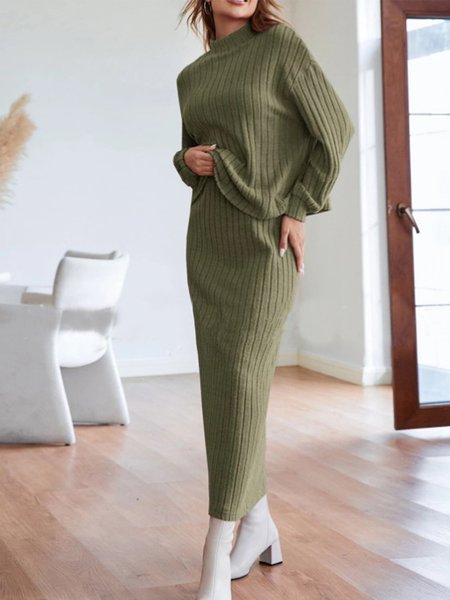 

Simple Plain Half Turtleneck Two-Piece Set, Army green, Tops