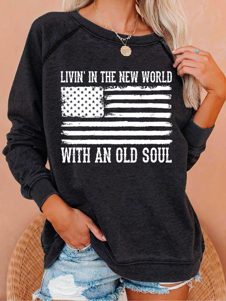 

Living In The New World With An Old Soul America Flag Casual Crew Neck Sweatshirt, Deep gray, Hoodies&Sweatshirts